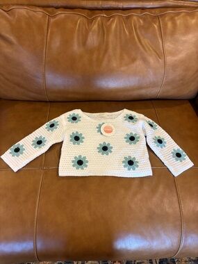 Unbranded Girls' Cream Crochet Flower Long-Sleeve Top